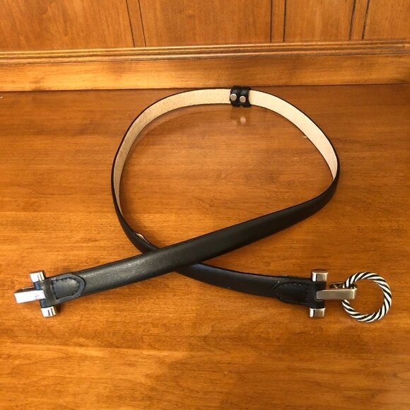 Vtg Black Skinny Leather Silvertone Round Belt Buckle  Slide Adjustable XL - Picture 2 of 7